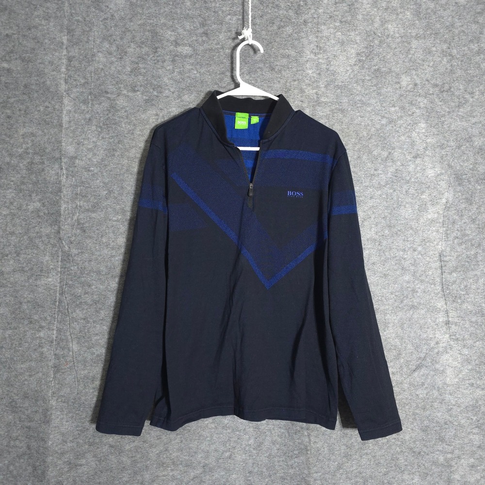 Hugo Boss Pullover Mens L Navy Blue Quarter Zip Slim Fit Geometric Knit Sweater